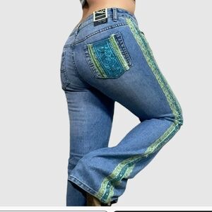 Clare V Denim Flare Jeans with Teal Highlights